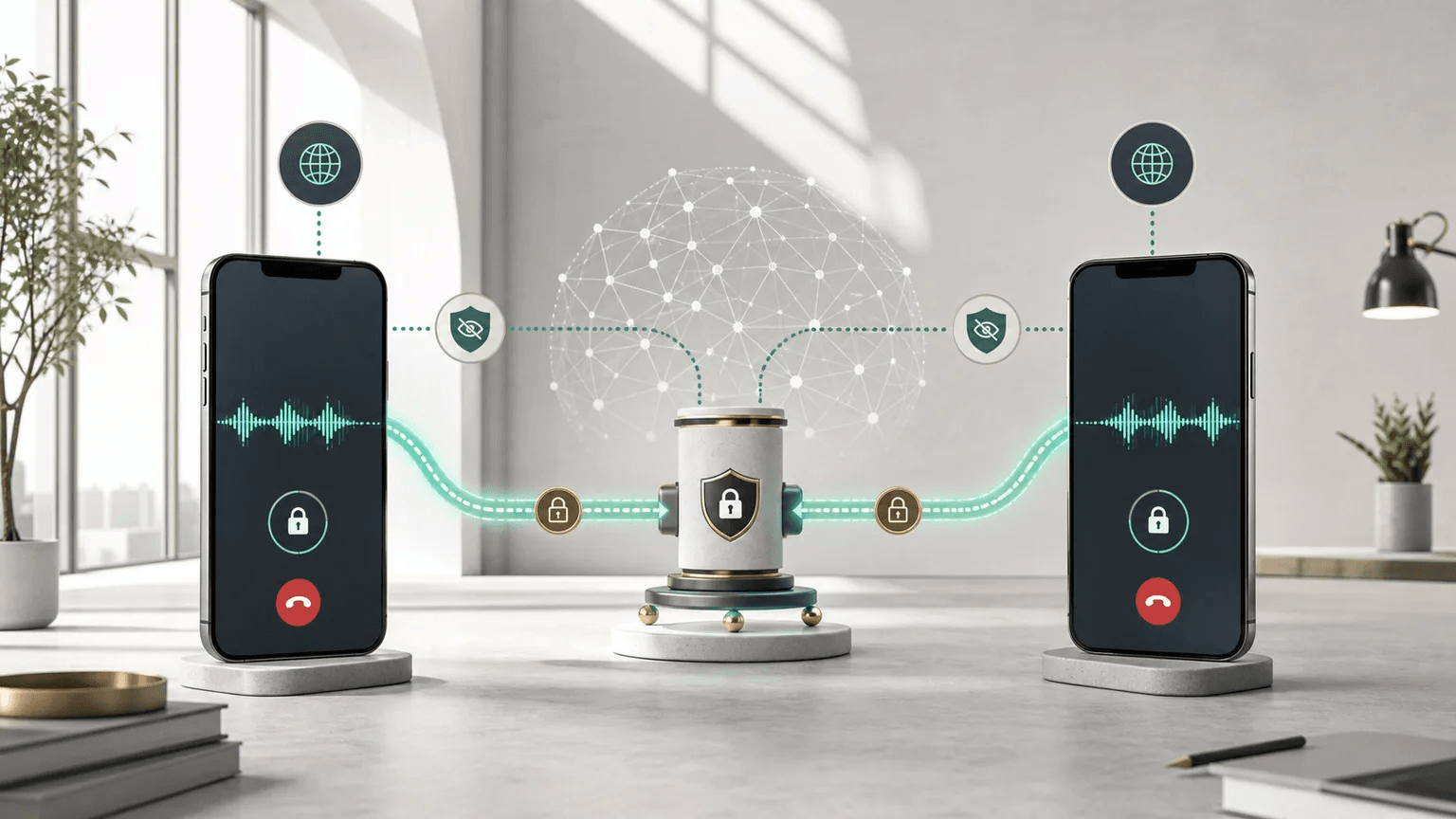Two encrypted voice calls routed through a privacy relay that hides the phones' network addresses.