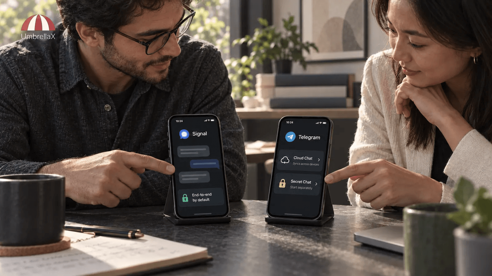Two colleagues compare Signal and Telegram messaging defaults at a shared table.