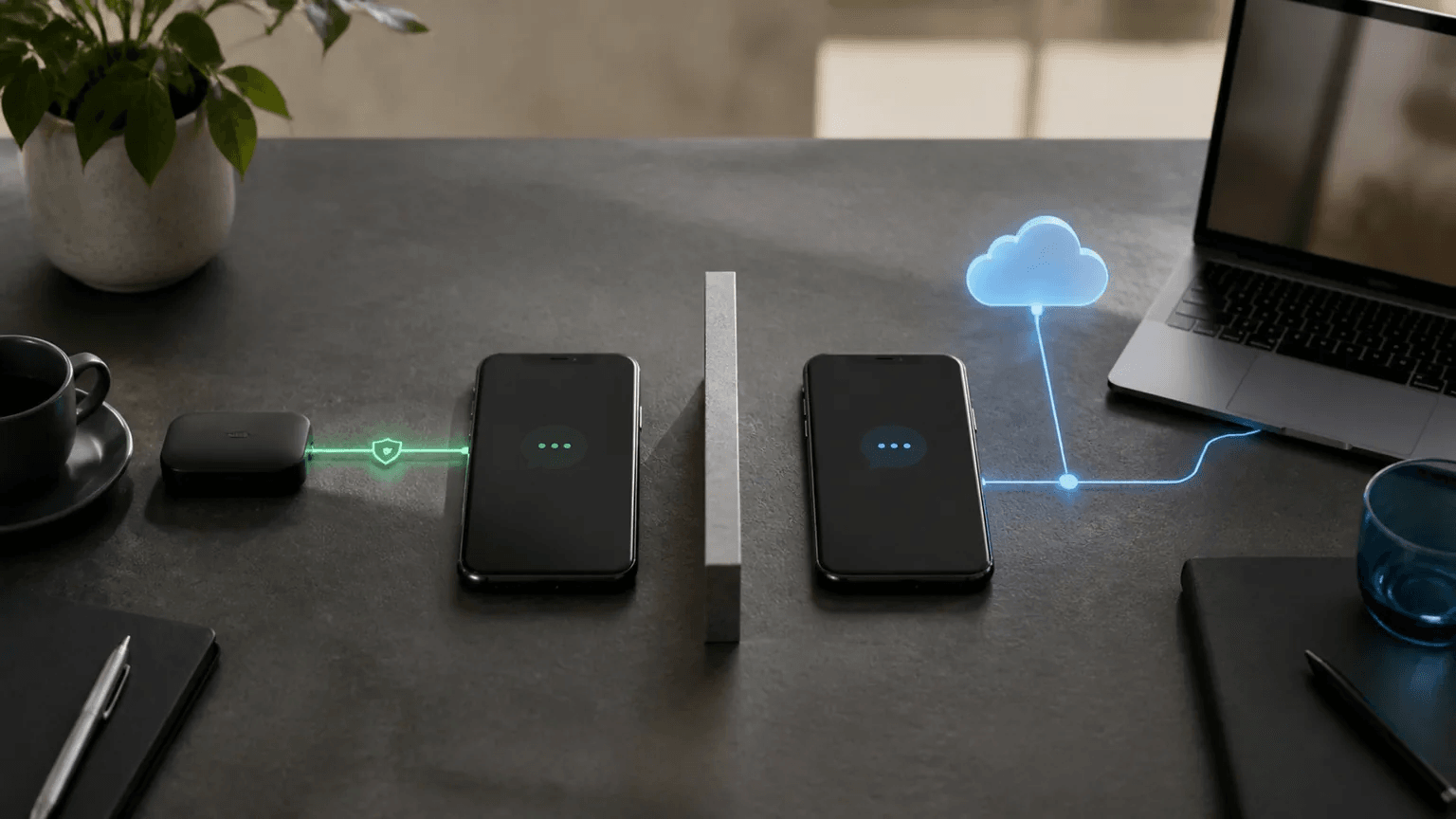 Two private messaging paths shown as a protected conversation and a synchronised cloud chat, separated by a deliberate privacy choice.