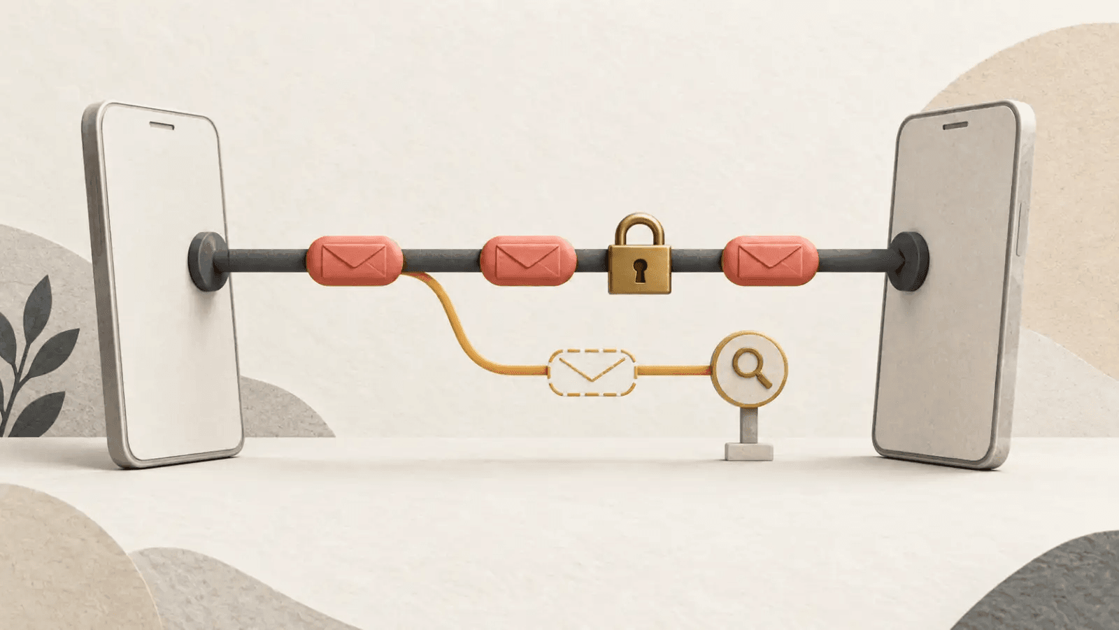 Two phones share a locked message path, with a separate amber resend branch ending at an inspection gate.