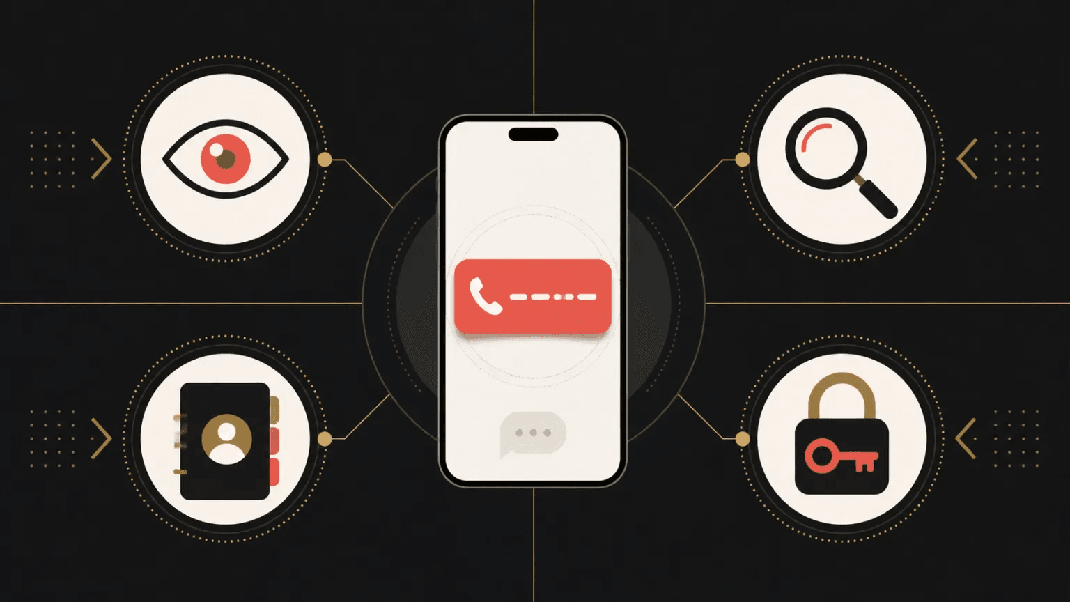 A phone number divided into visible, searchable, and account-root privacy layers on an abstract messenger screen.