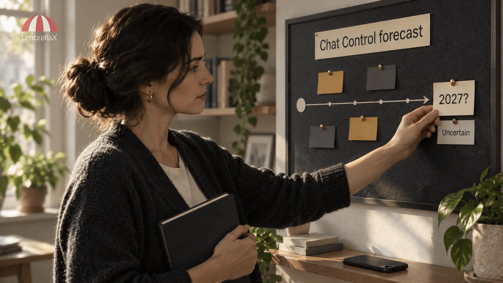 An analyst places a 2027 question-mark card on an uncertain Chat Control forecast timeline.