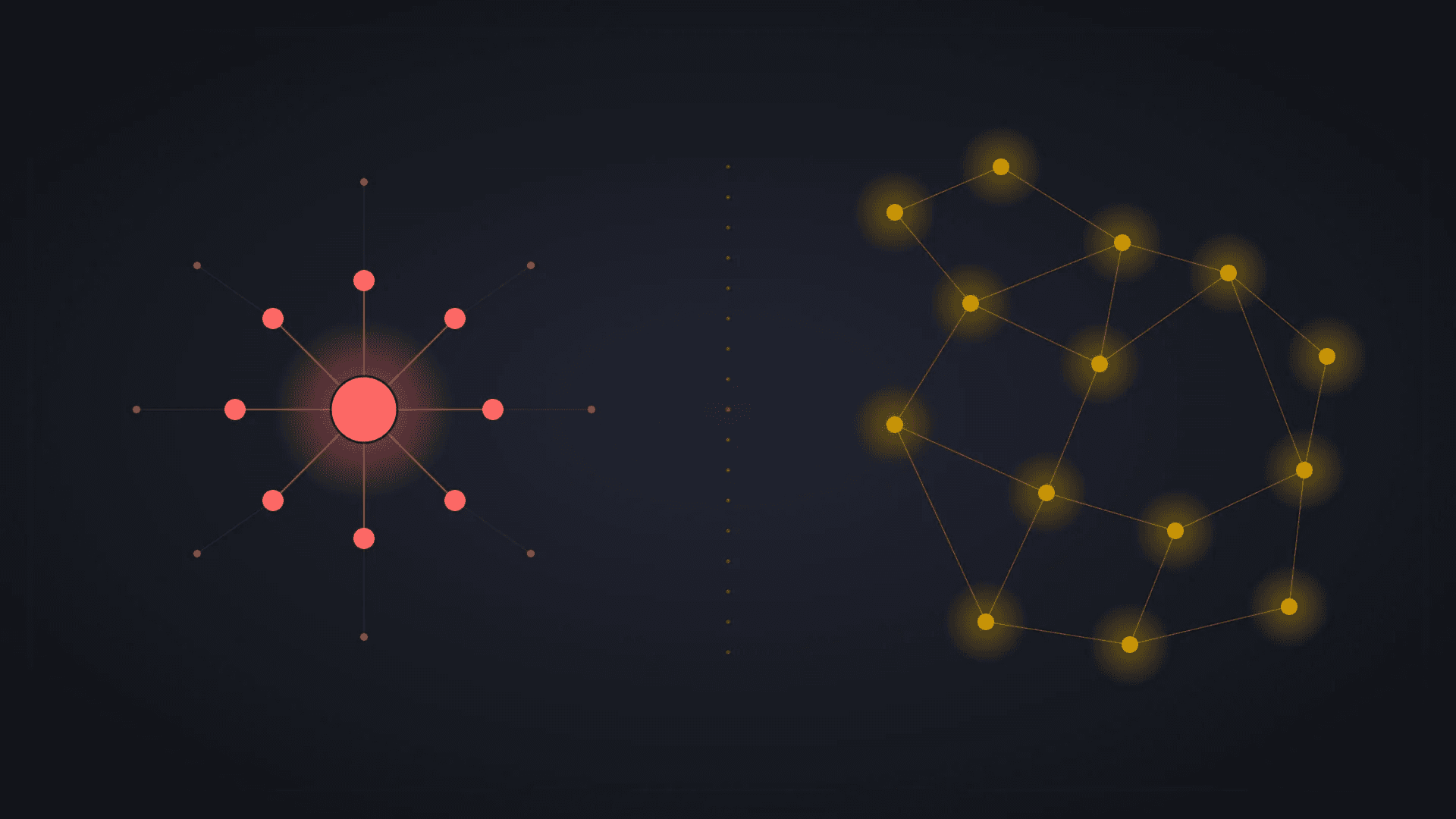 Abstract blueprint of two network topologies, a centralised red hub and spoke pattern and a distributed gold mesh, facing each other on a dark navy background.