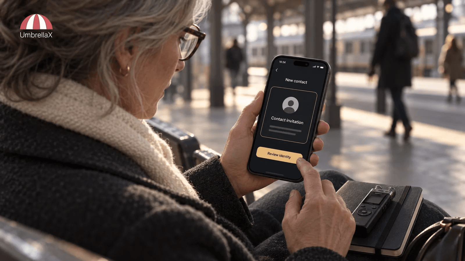 A journalist checks a new contact invitation while waiting at a station.