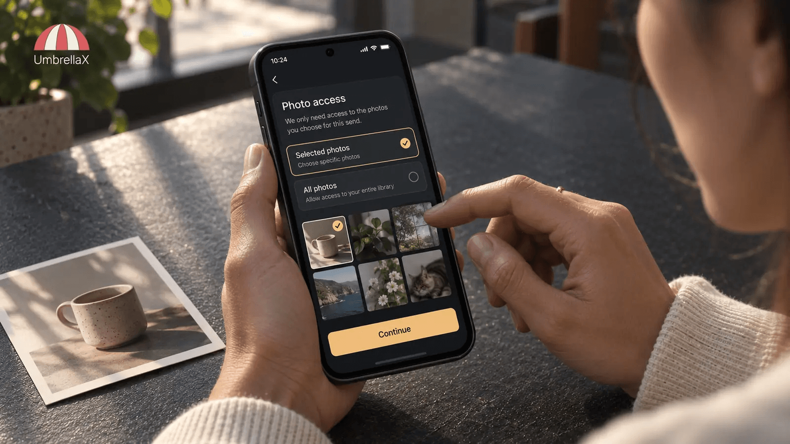 A person chooses selected photos instead of granting access to an entire photo library.