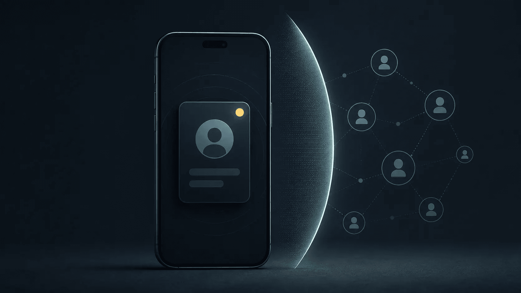 A phone keeps a contact-join notice inside its own privacy boundary while nearby contact nodes remain separate.