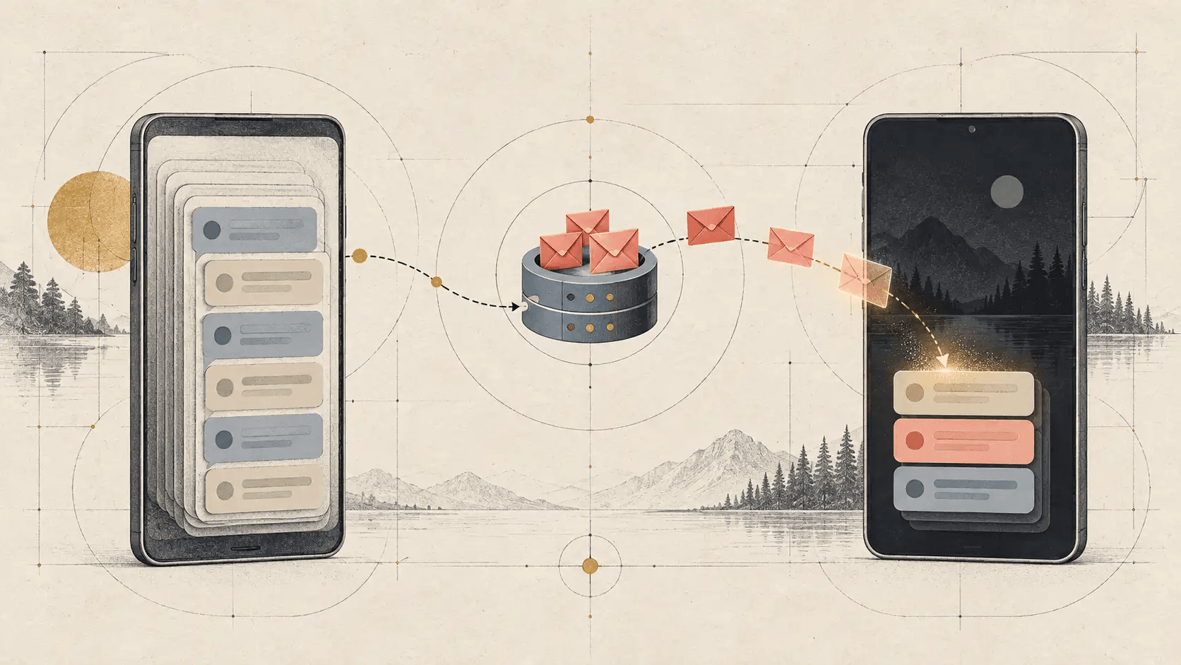 Abstract phones show encrypted messages moving through a temporary queue to local device storage.