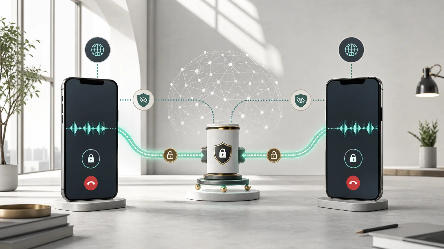 Two encrypted voice calls routed through a privacy relay that hides the phones' network addresses.
