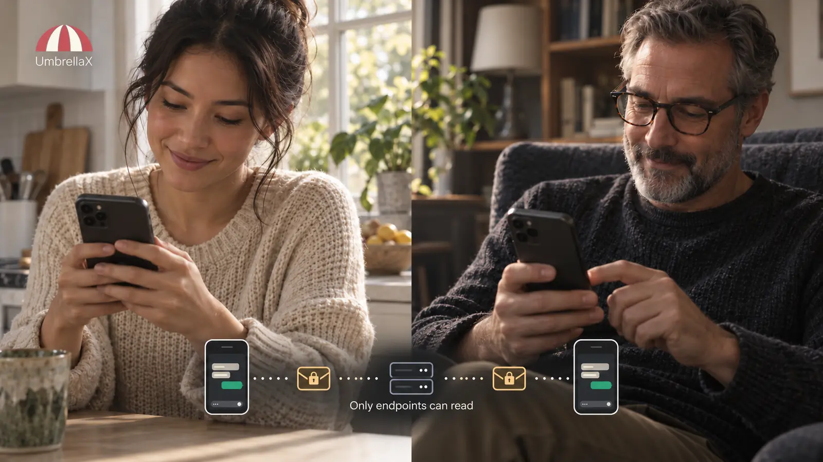 Two people message from separate homes, with a diagram showing that only endpoints read the content.