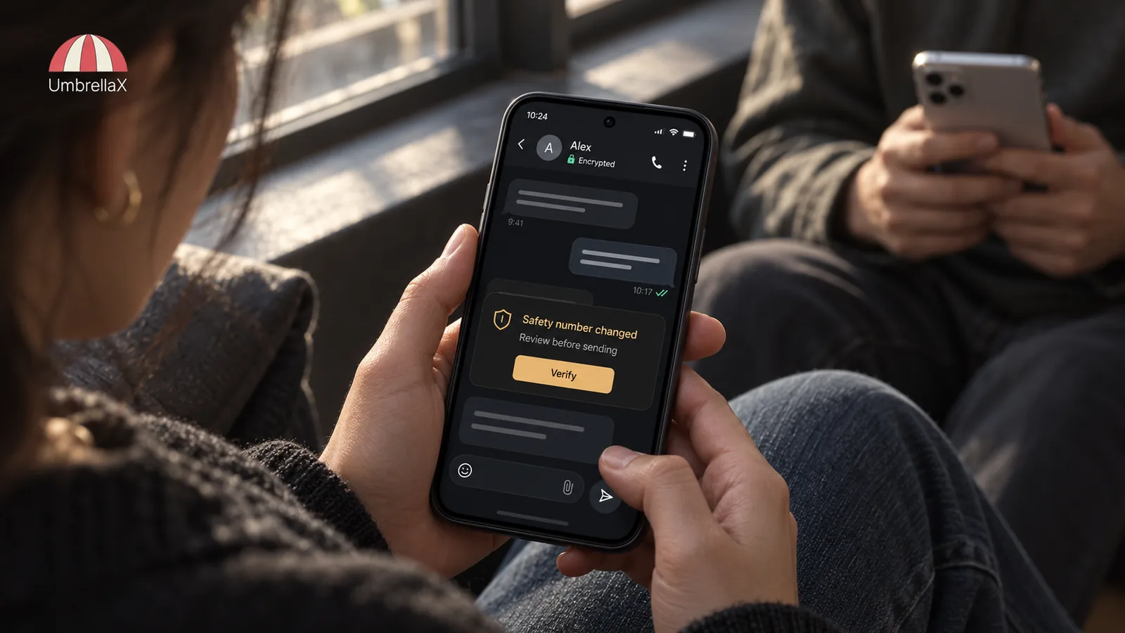 A person pauses at a changed-encryption-key notification before sending a message.