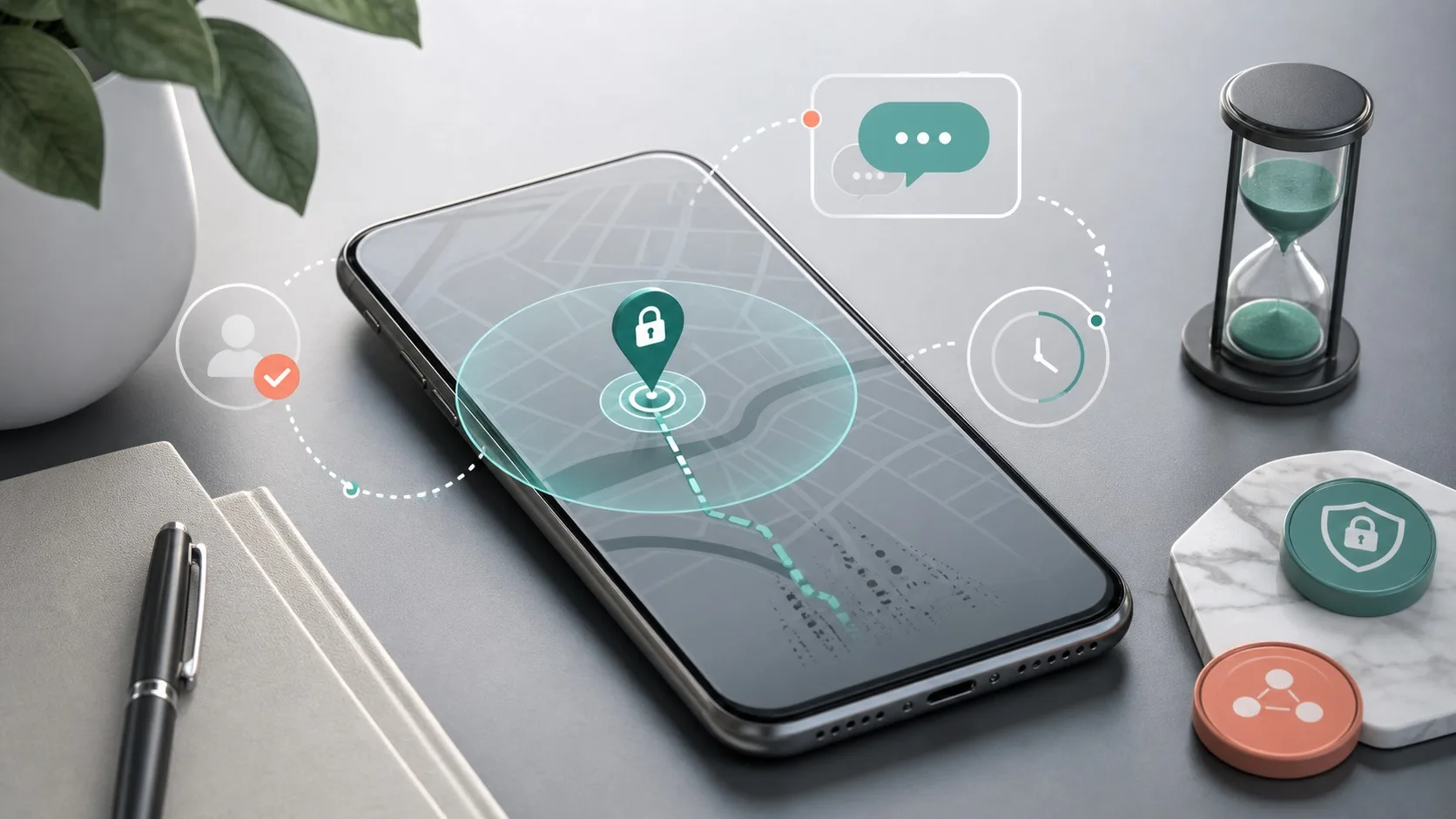 A private messenger map pin inside a time-limited consent boundary on a smartphone screen.