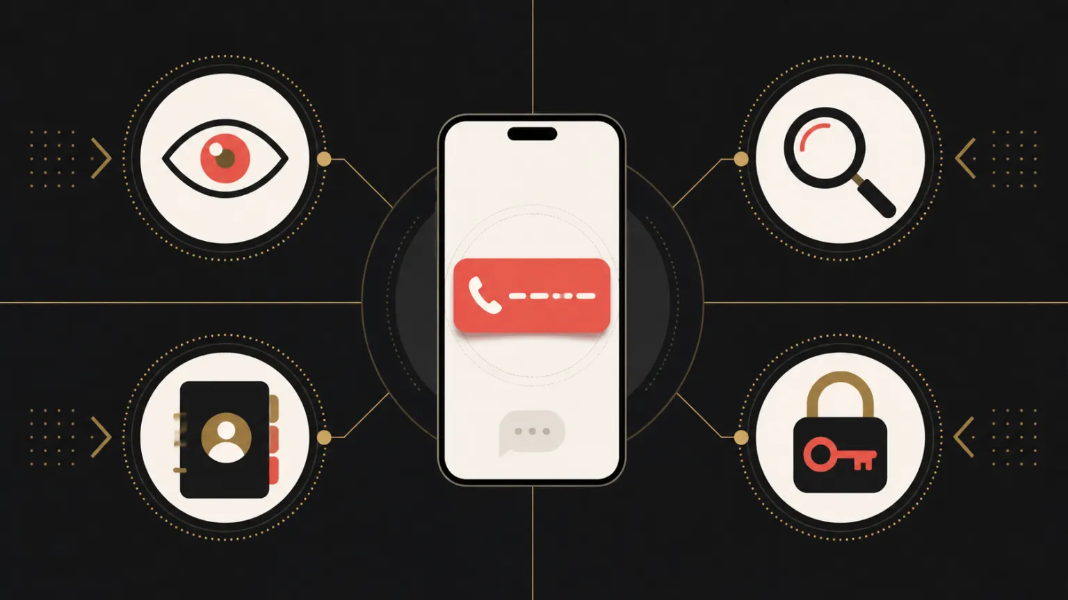 A phone number divided into visible, searchable, and account-root privacy layers on an abstract messenger screen.