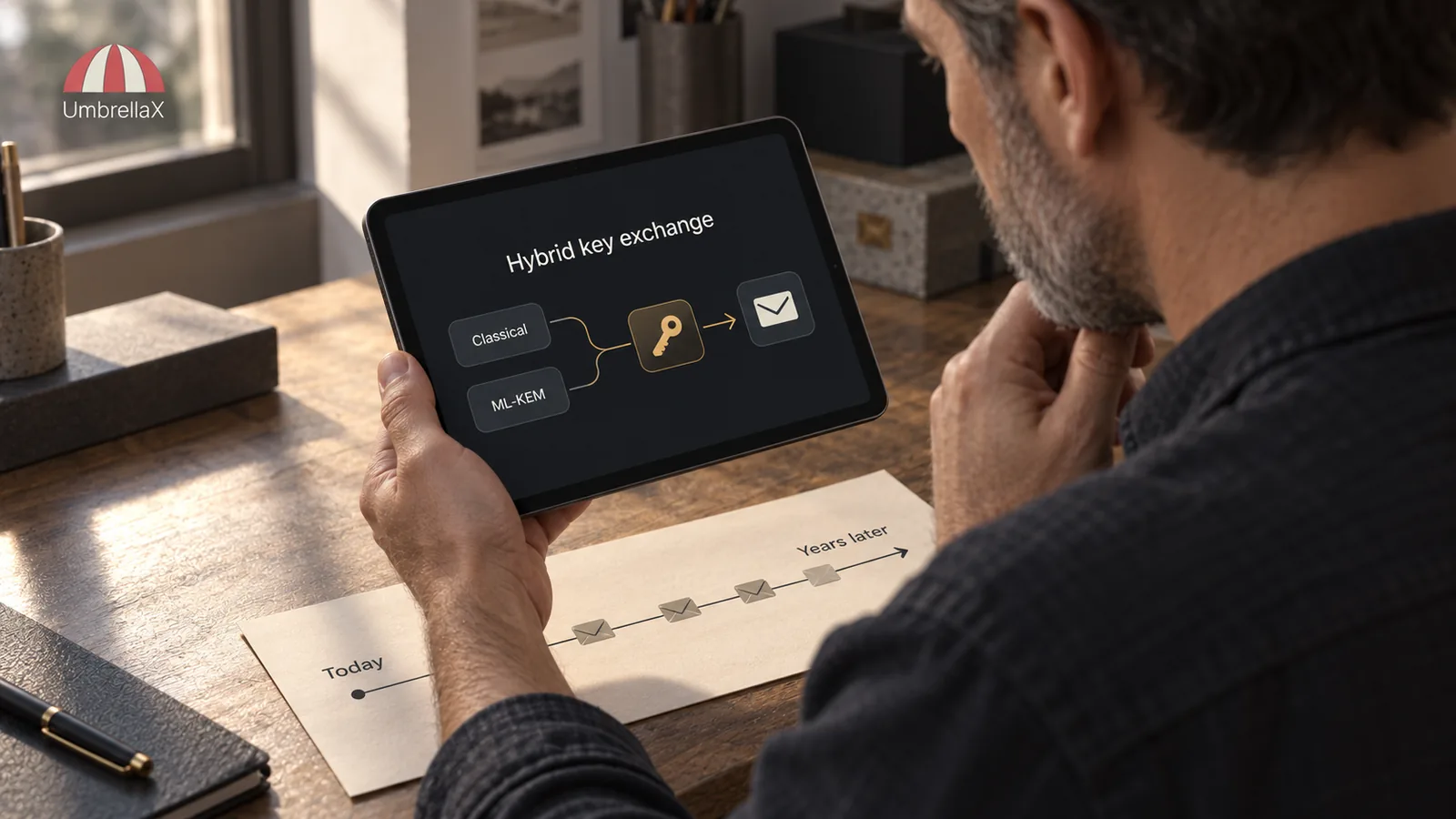An engineer studies hybrid key exchange beside a timeline of long-lived private messages.