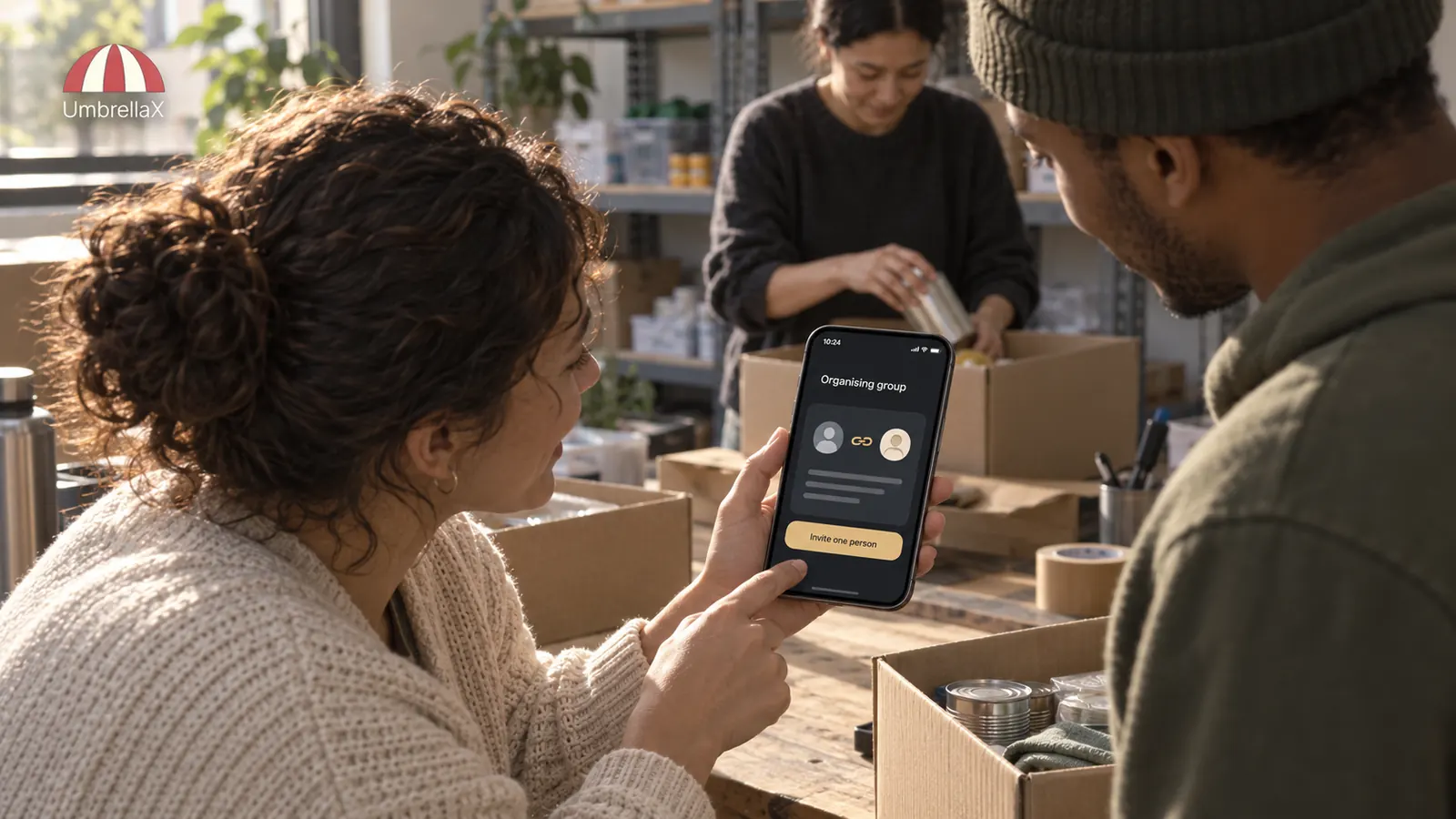Community volunteers prepare supplies and invite one person into an organising chat.