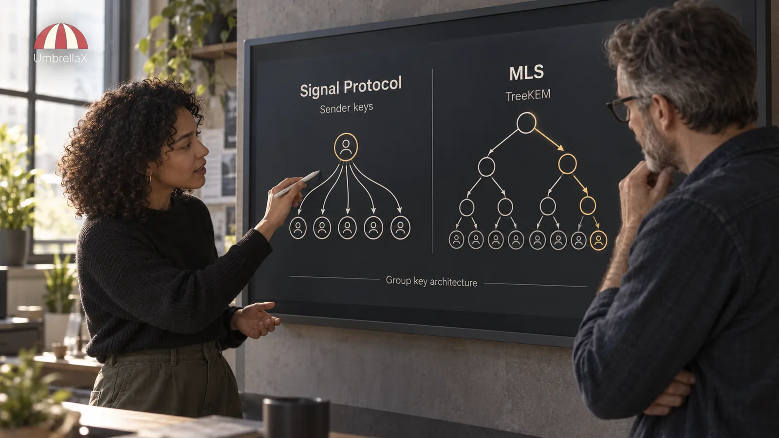 Two engineers compare Signal sender keys with an MLS TreeKEM group diagram.