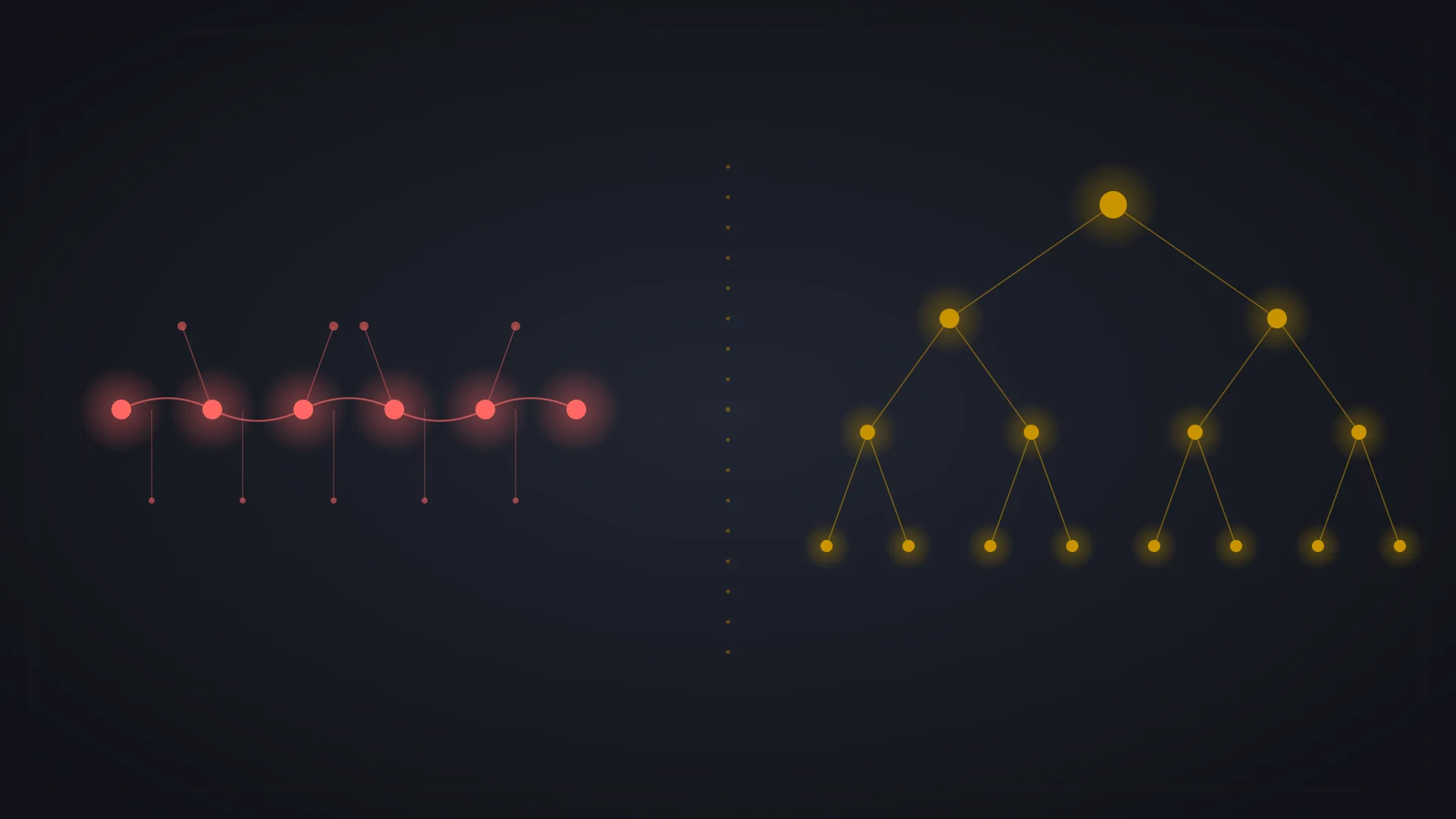 Abstract blueprint of two cryptographic structures, a chained ratchet on the left and a balanced binary tree on the right, in red and gold on a dark navy background.
