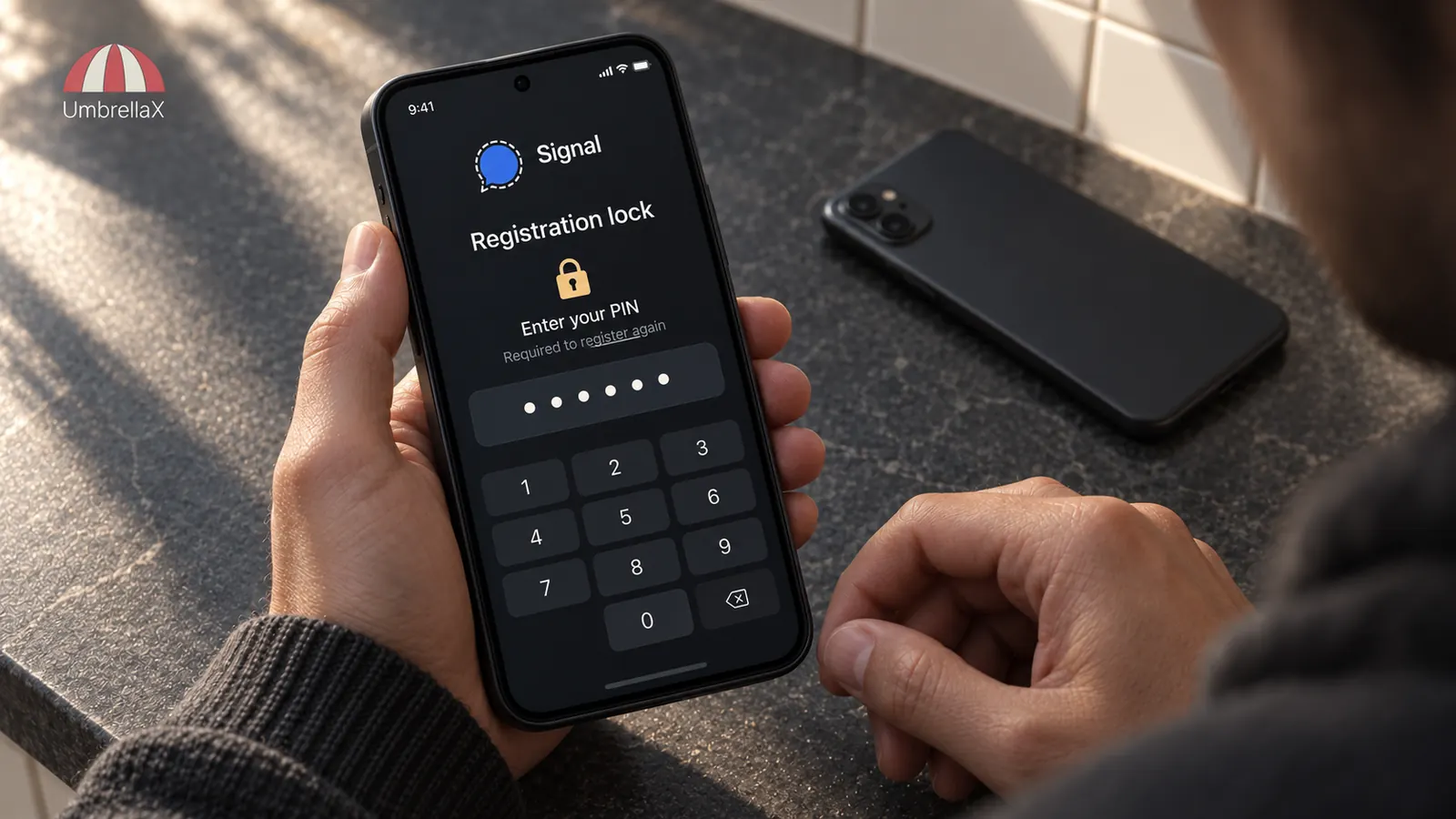 A person enters a Signal registration-lock PIN while setting up a replacement phone.