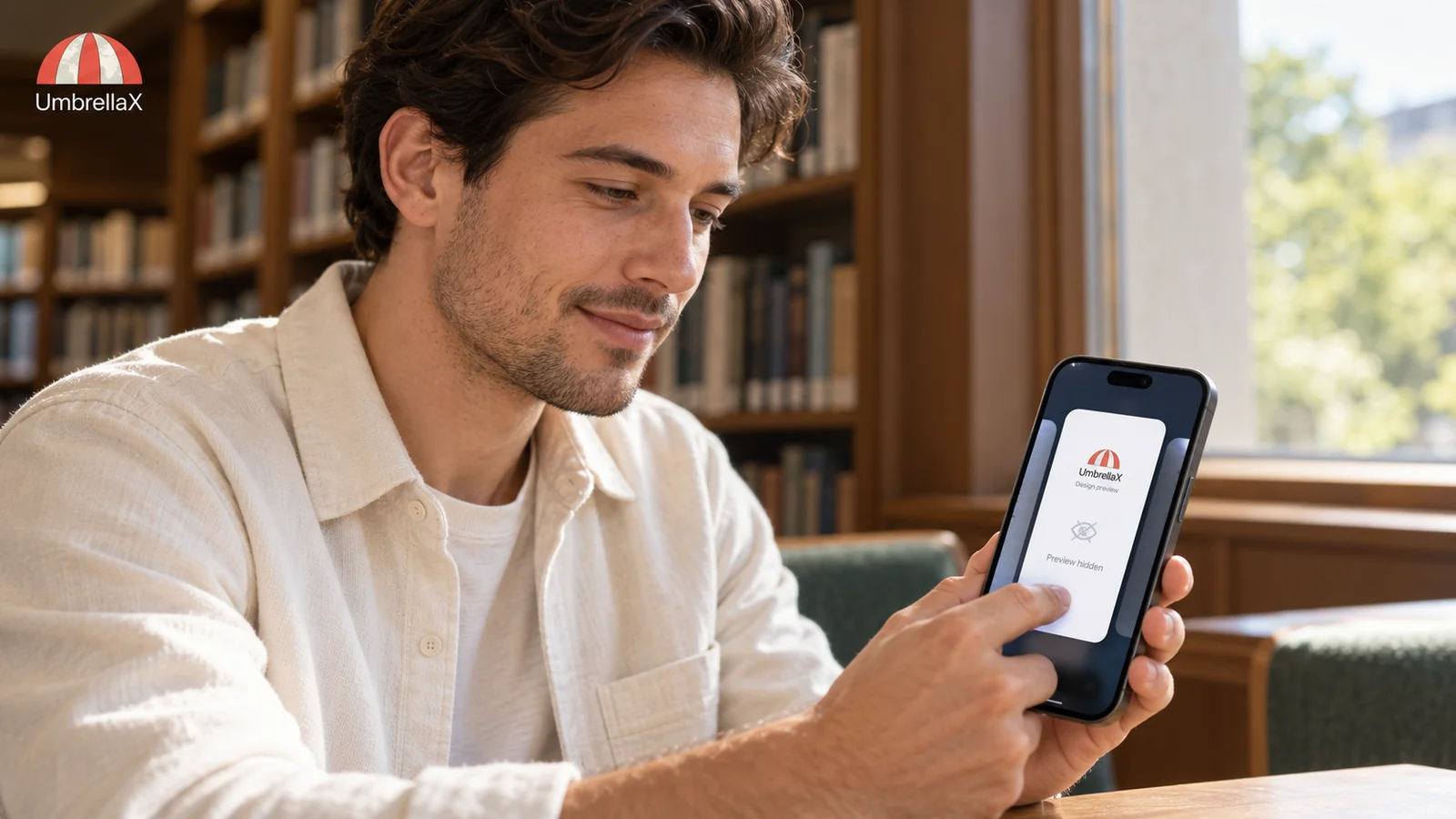 A reader checks a concealed UmbrellaX app-switcher preview on an iPhone in a sunlit library.