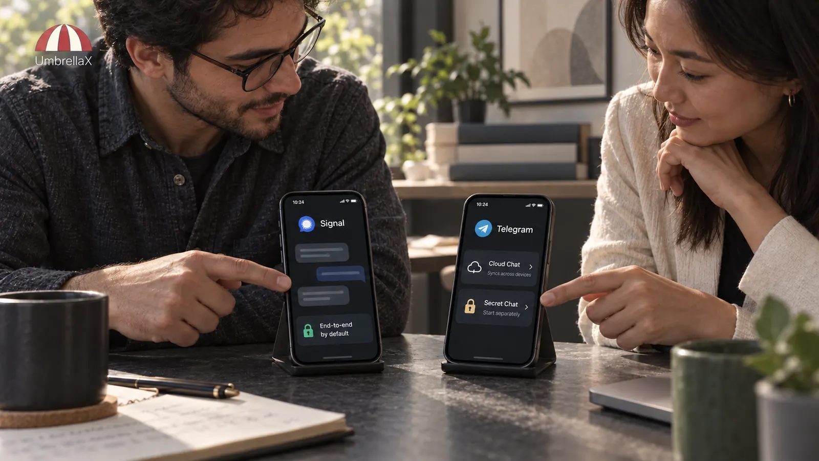 Two colleagues compare Signal and Telegram messaging defaults at a shared table.