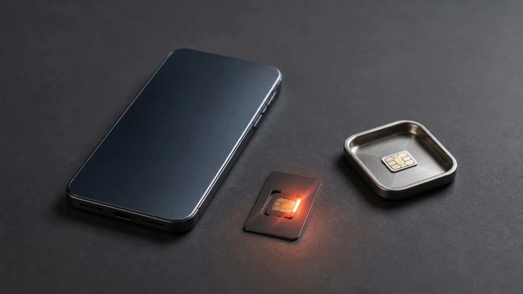 A phone, eSIM activation card, and SIM card separated to show carrier-controlled identity risk.