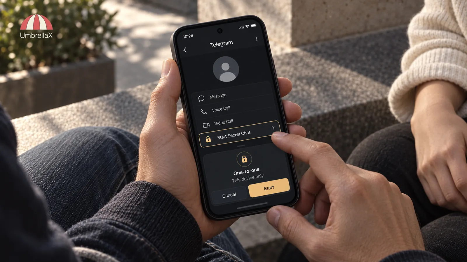 A person starts a separate Telegram Secret Chat while sitting on an outdoor bench.